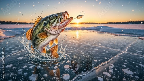 Largemouth bass caught on a lure jumps from a frozen lake. Dynamic winter ice fishing action at sunrise
