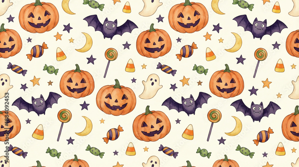 Fototapeta premium Vibrant Halloween Pattern with Pumpkins, Bats, and Candy
