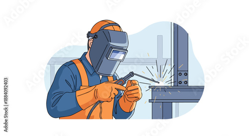 Welder Welding Steel Building Frame – Construction Worker Vector Illustration, Industrial Metalwork Scene
