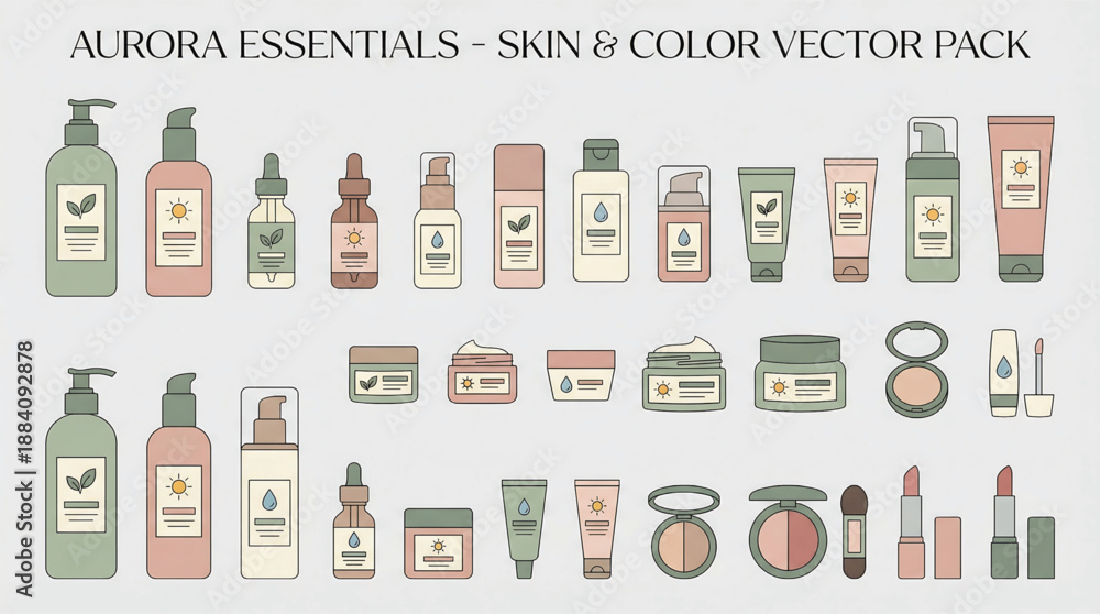 Fototapeta premium Aurora Essentials Cosmetics Vector Set - Beauty Products Illustration
