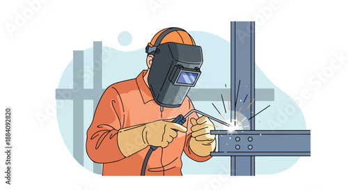 Welder Welding Steel Building Frame – Construction Worker Vector Illustration, Industrial Metalwork Scene