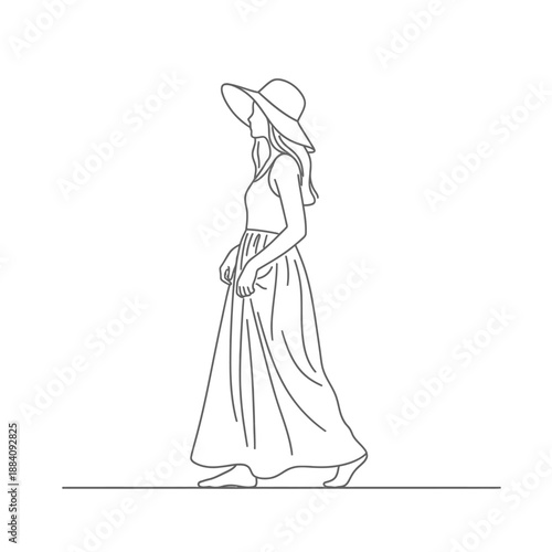 Elegant Woman in Sun Hat and Flowing Dress Walking Gracefully.