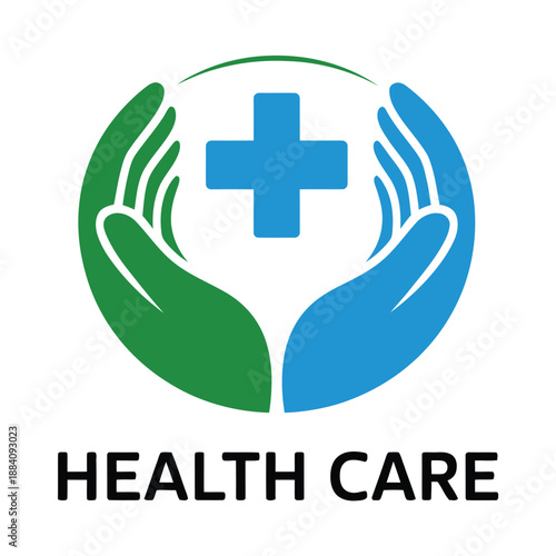 Healthcare medical symbol with hands and cross logo design icon