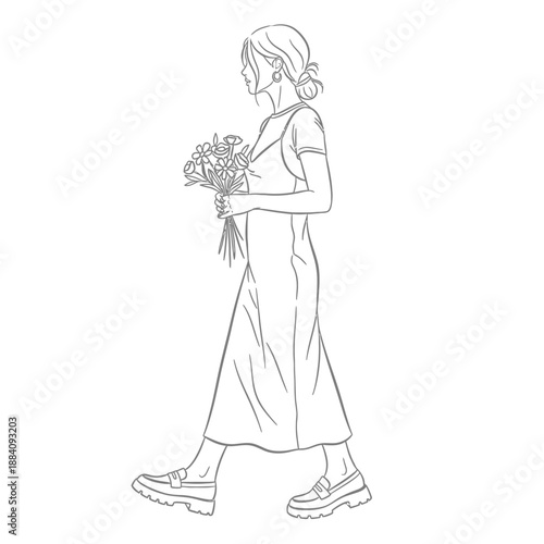 Elegant Woman Walking with a Bouquet of Flowers Line Art.