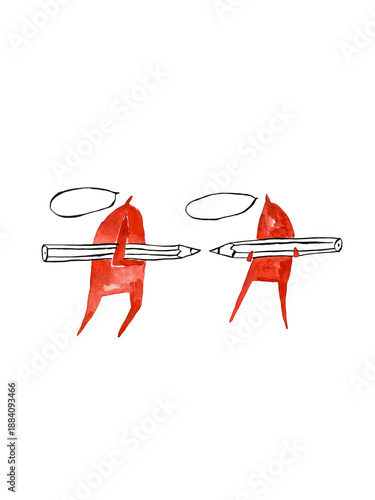 Hand paint watercolor stick figure illustration. Watercolor people. Speech. Man with pencil. Back to school.