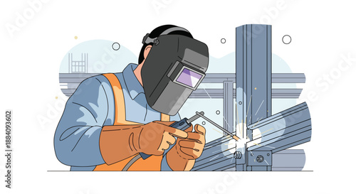 Welder Welding Steel Building Frame – Construction Worker Vector Illustration, Industrial Metalwork Scene