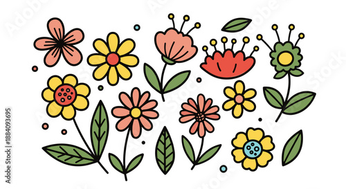 Colorful Hand Drawn Flowers and Leaves Illustration.