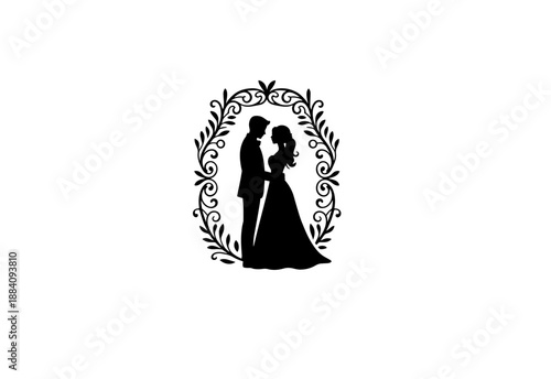 Black vector silhouette illustration of a romantic couple , married bride and groom kissing in a wedding celebration