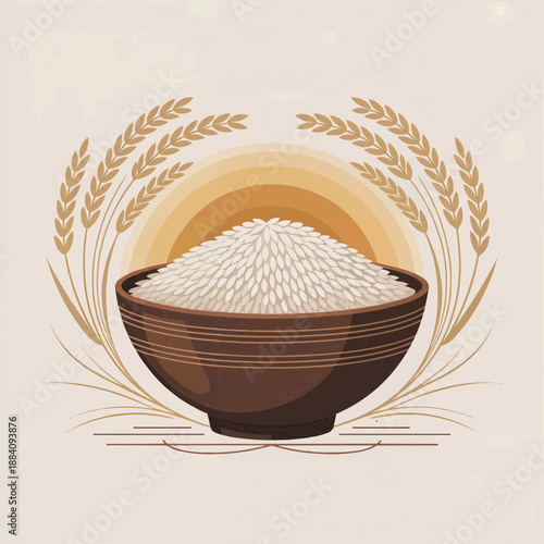Bowl of rice with wheat ears illustration for culinary and food concept