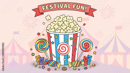 Vibrant Festival Scene with Popcorn and Candy Treats