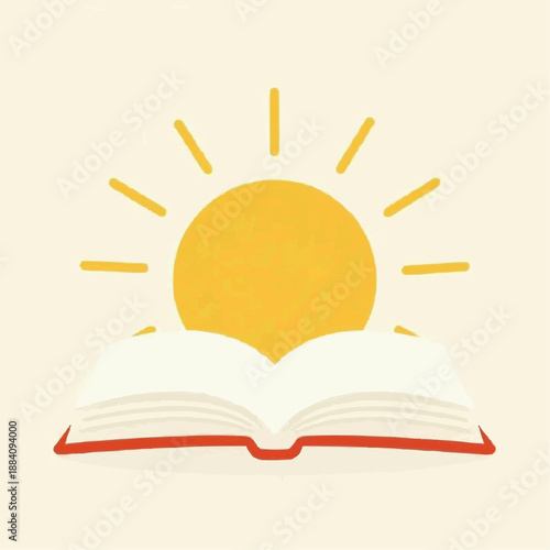 Illustration of an open book with a rising sun for education and enlightenment concept