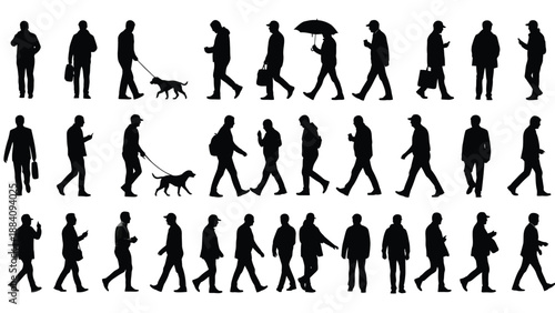 Silhouettes of people walking in various poses and styles, showcasing different activities and attire on a clean white background, ideal for design projects.
