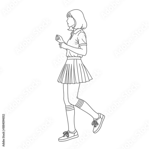 Line art drawing of a young woman walking with a pleated skirt and kneehigh socks.