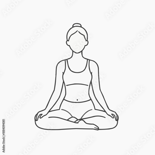 Line drawing of a woman meditating in lotus position on white background with copy space
