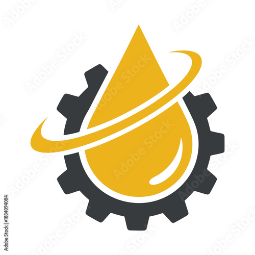 Gear with yellow drop of oil and white swirling line around it symbol icon