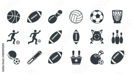 Collection of sports icons featuring various balls, equipment, and athletes in action, showcasing different sports disciplines like basketball, football, soccer, volleyball, and bowling