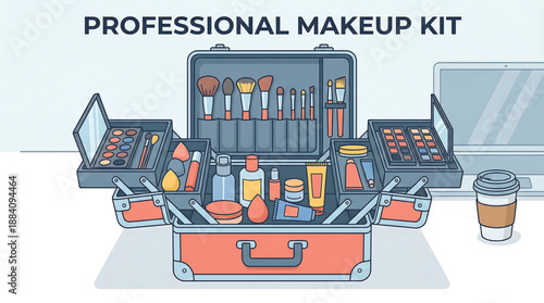 Professional Makeup Kit with Cosmetics and Brushes in Open Case