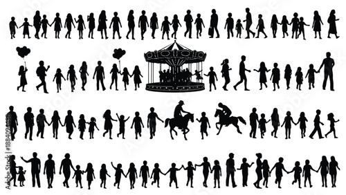 Families and children in various poses and activities depicted in black silhouettes on a white background for illustrations and designs