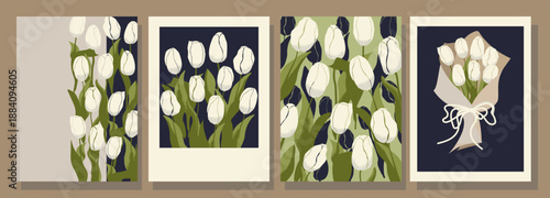 White Tulips, tulip greeting cards, poster. Hello Spring frame typography design with spring flowers, Set Template for advertising, web, social media, web