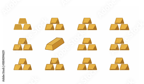 Minimal flat vector set of gold bars prosperity and treasure symbols for finance apps