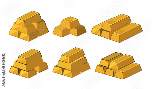 Gold bars vector illustration set banking business prosperity and investment symbols isolated on white