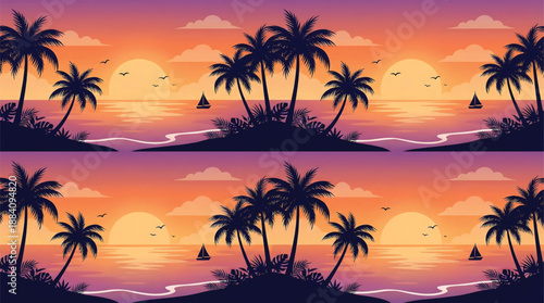 Tropical Island Sunset with Palm Trees and Sailboats