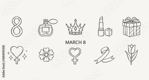 International Women's Day icons: March 8th celebration symbols and feminine elements