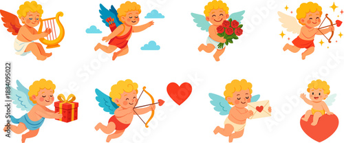 Eight cute cartoon cupids with wings, bows, arrows, gifts, and hearts, symbolizing love and Valentine's Day.