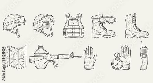 Collection of military and survival gear illustrations, including helmets, boots, and weapons