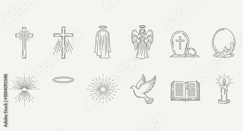 Collection of Christian religious symbols and icons in a minimalist line art style