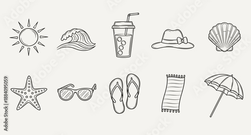 Collection of hand-drawn beach icons for summer vacation and travel themes