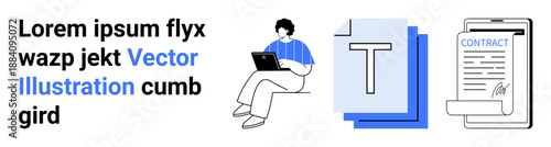 Digital workspace, document management, e-signature solutions, team collaboration, content creation, remote work. Person using a laptop, icons for text editing and contract signing. Digital workspace