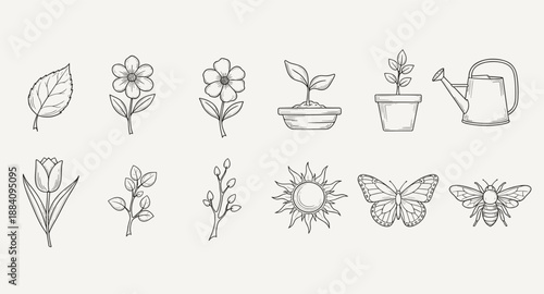 Collection of hand-drawn spring icons including plants, flowers, insects, and gardening tools