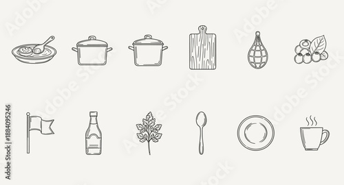 Collection of simple line art icons representing food and kitchen items