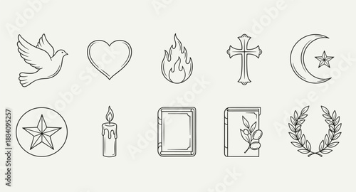 Collection of religious and spiritual symbols in a clean line art style