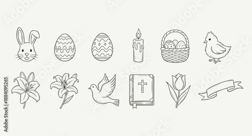 Collection of Easter and religious symbols in a simple line art style
