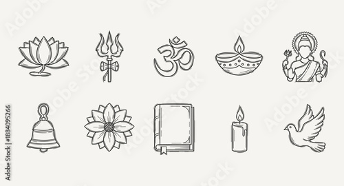 Collection of Hindu religious symbols and icons in a clean line art style