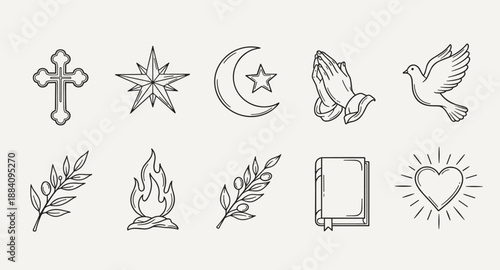 Collection of religious and spiritual symbols in a minimalist line art style