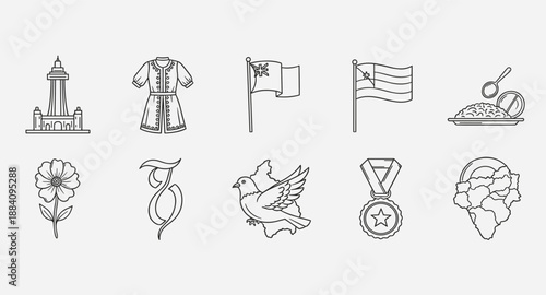 Collection of national symbols and cultural icons in a clean line art style