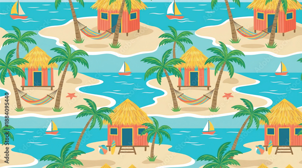 Obraz premium Tropical Paradise with Hut Islands and Sailboats in Vibrant Colors