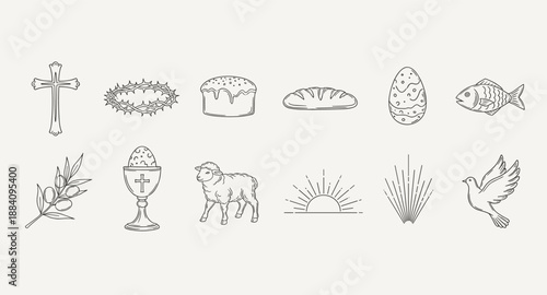 Collection of Christian symbols and Easter icons in a minimalist line art style