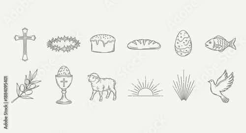 Collection of Christian symbols and Easter icons in a simple line art style