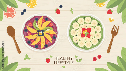 Vibrant Fruit Salads with Fresh Berries and Leaves on Wooden Background