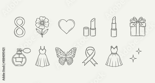 Collection of feminine icons including number 8, flower, heart, lipstick, gift, and dress