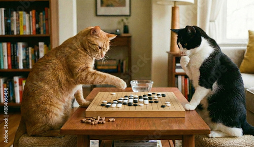 Two cats are playing Go in the living room.