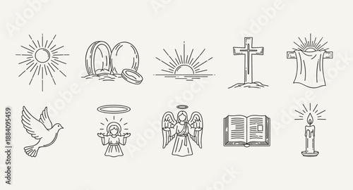 Collection of Christian religious symbols and icons in a minimalist line art style