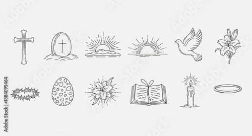 Collection of religious and Easter symbols in a minimalist line art style