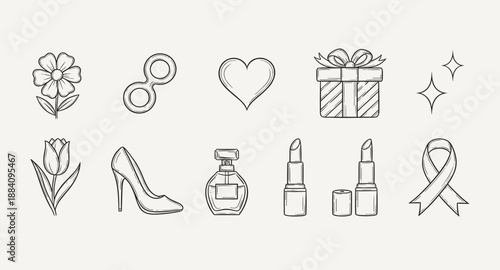 Collection of hand-drawn icons representing feminine symbols and beauty products