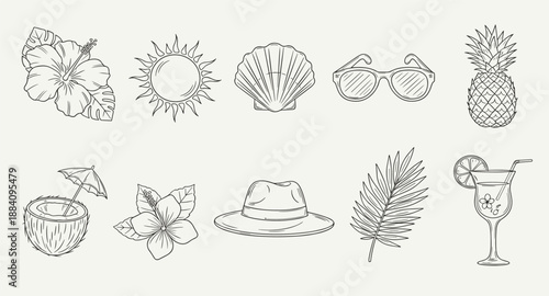 Collection of hand-drawn summer vacation icons and symbols for design