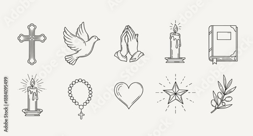Collection of religious and spiritual symbols in a minimalist line art style